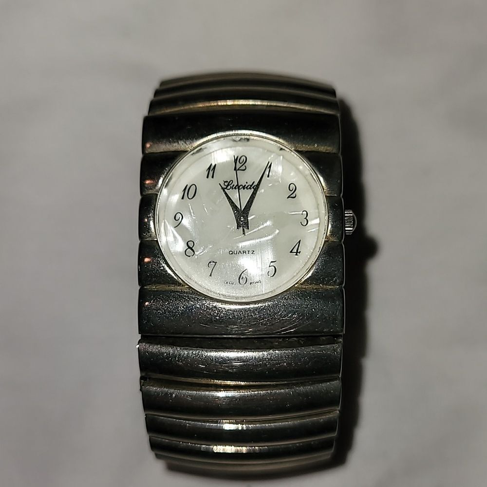 Lucida‎ Industrial Thick Silver Metal Watch Expandable Band White Abalone Face
